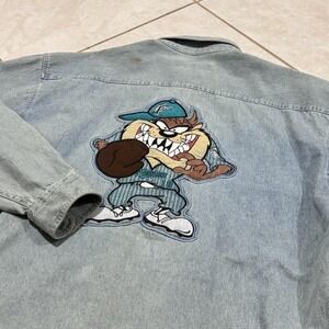 Vintage 90s Tasmanian Devil Florida Marlins Denim Shirt Mens‎ XL MLB Baseball